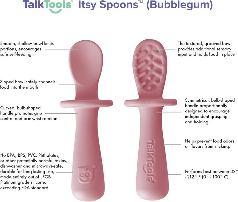 TalkTools ITSY Tiny Silicone Spoons – Twin Pack Soft Silicone Self-Feeding Training Spoons for Kids & Toddlers, Anti-Choking Flange Guard and Non-Slip Handle (Bubblegum) - Image 2